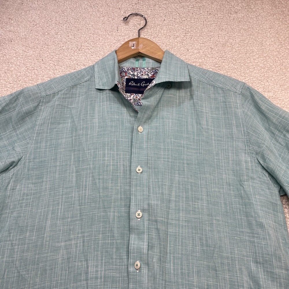 Robert Graham Shirt Men M Teal‎ Micro Check Modern Americana Short Sleeve Button